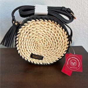 Rossetti Straw Circle Crossbody Bag with Black Trim